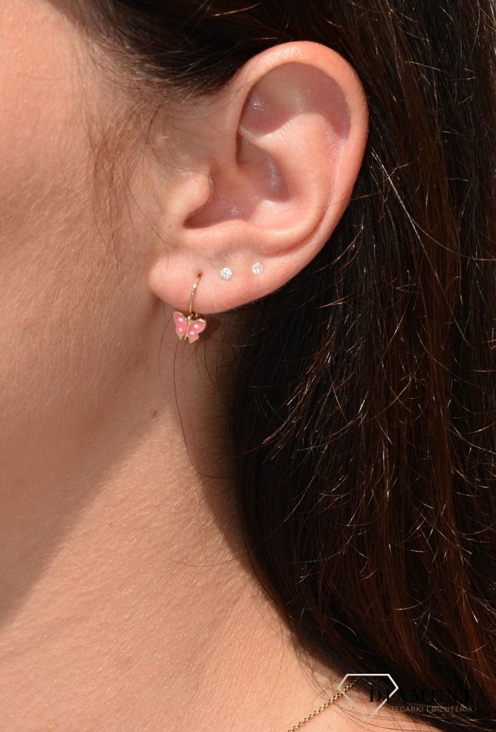 Złote kolczyki dla dziewczynki motylki 333 różowa emalia KL 3599.jpg